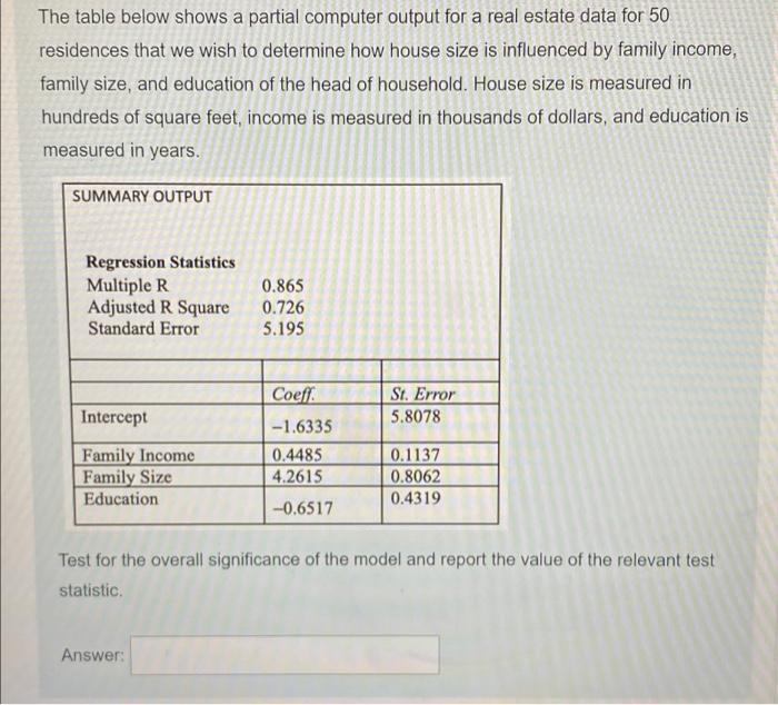 The Table Below Shows A Partial Computer Output For A Real Estate Data For 50 Residences That We Wish To Determine How H 1