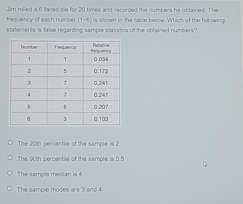Jim Rolled A 6 Faced Die For 29 Times And Recorded The Numbers He Obtained The Frequency Of Each Number 1 6 Is Shown 1