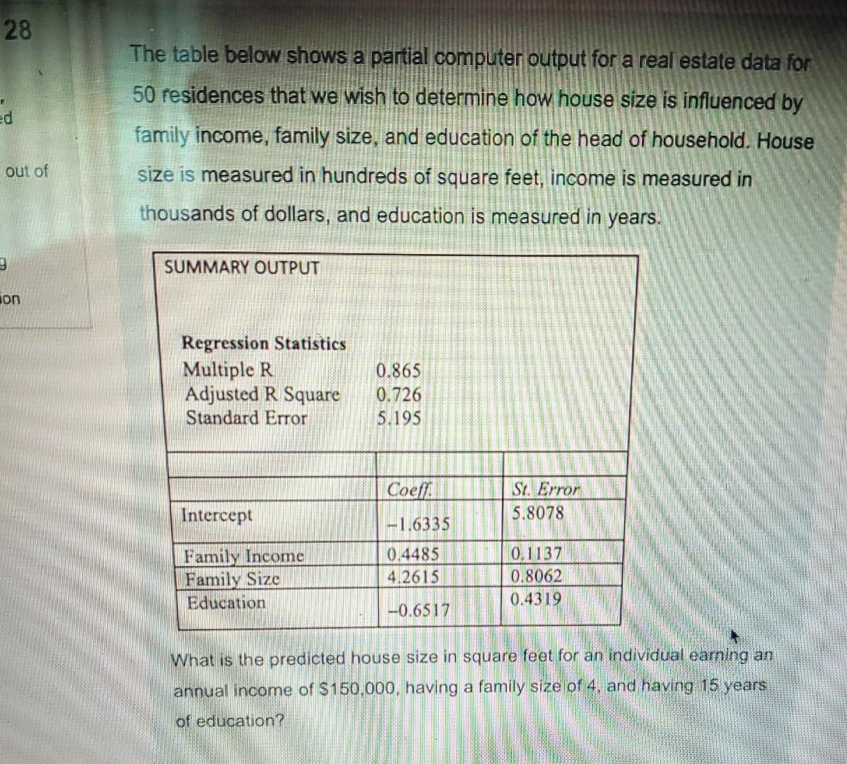 28 The Table Below Shows A Partial Computer Output For A Real Estate Data For 50 Residences That We Wish To Determine Ho 1