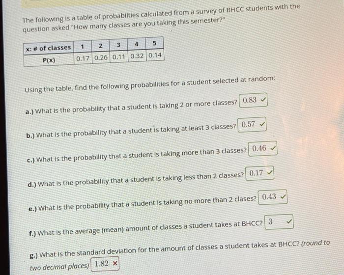 The Following Is A Table Of Probabilties Calculated From A Survey Of Bhcc Students With The Question Asked How Many Cla 1