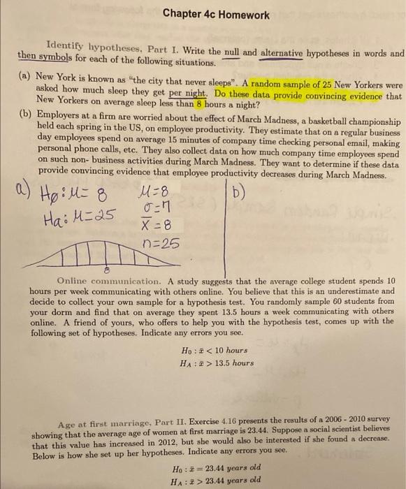 Identify Hypotheses Part I Write The Null And Alternative Hypotheses In Words And Then Symbols For Each Of The Followi 1
