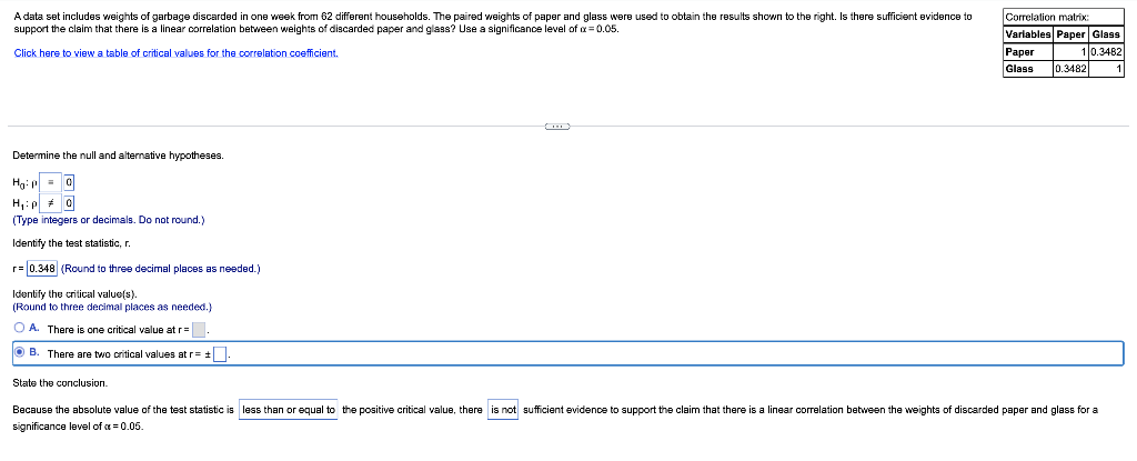 Support The Claim That There Is A Linear Correlation Between Weights Of Discarded Paper And Glass Use A Significance Le 1