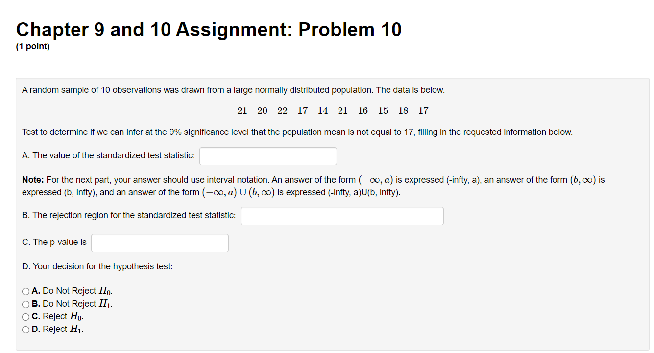 Chapter 9 And 10 Assignment Problem 10 1 Point A Random Sample Of 10 Observations Was Drawn From A Large Normally Dis 1