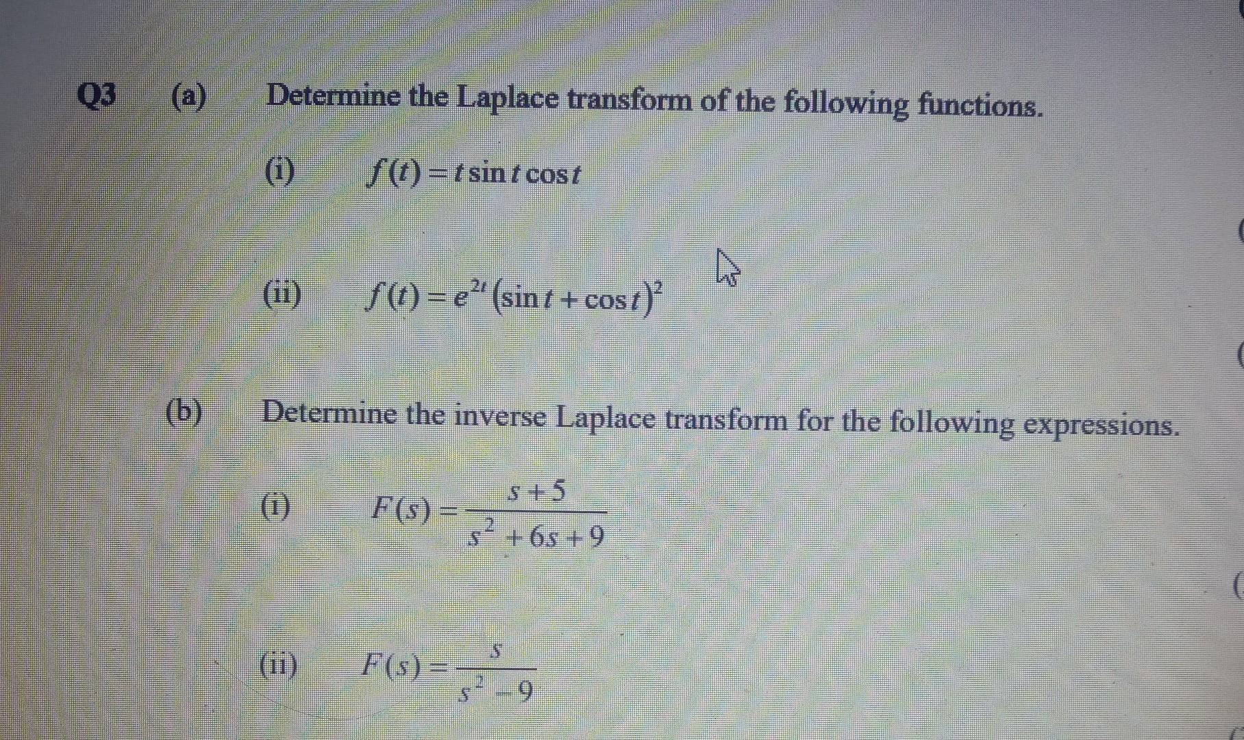 Q3 A B Determine The Laplace Transform Of The Following Functions F T Tsint Cost Ii Determine The Inverse Laplac 1