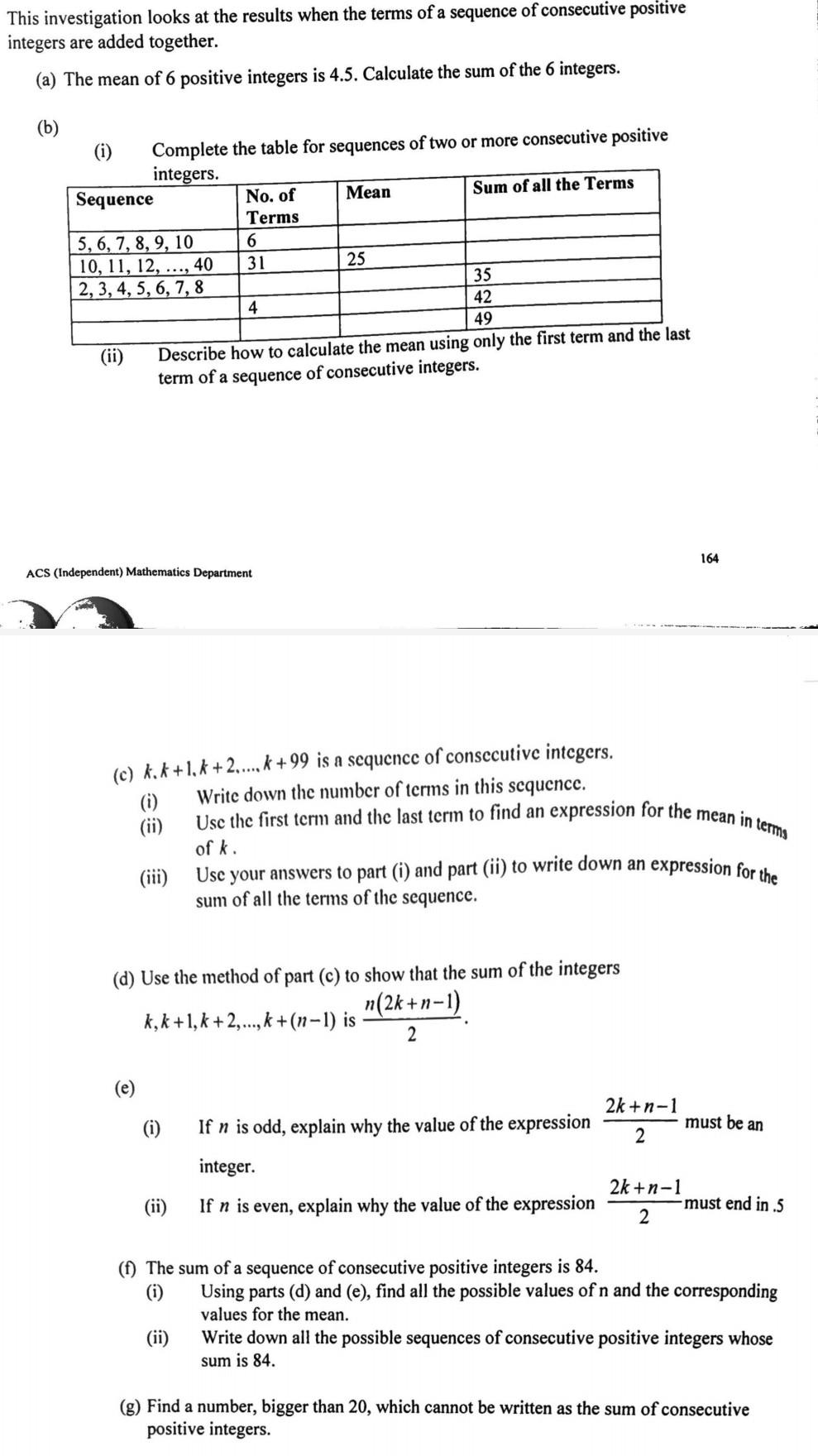 This Investigation Looks At The Results When The Terms Of A Sequence Of Consecutive Positive Integers Are Added Together 1