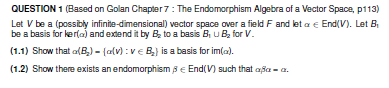 Question 1 Based On Golan Chapter 7 The Endomorphism Algebra Of A Vector Space P113 Let V Be A Possibly Infinite Di 1