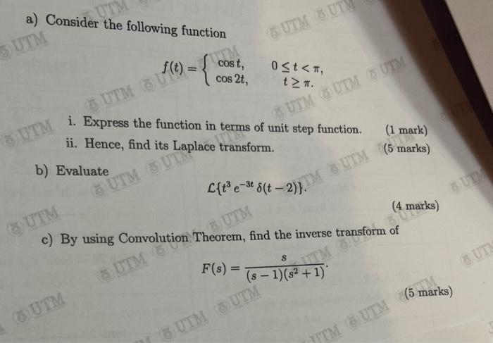 A Consider The Following Function Utm Utm Utm 60 U B Evaluate Cost Cos 2t Utm Utm I Express The Function In Term 1