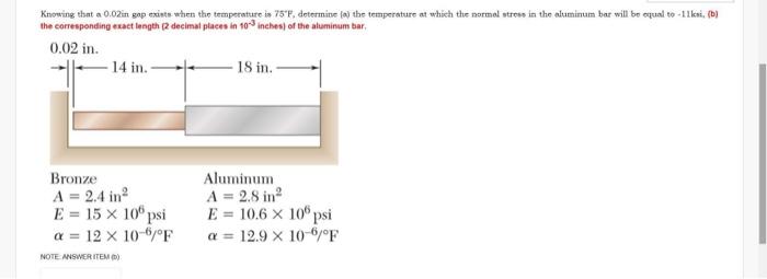 Knowing That A 0 02in Gap Exists When The Temperature Is 75 F Determine A The Temperature At Which The Normal Stress 1