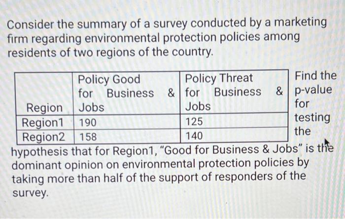 Consider The Summary Of A Survey Conducted By A Marketing Firm Regarding Environmental Protection Policies Among Residen 1