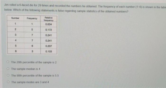 Jim Rolled A 6 Faced Die For 29 Times And Recorded The Numbers He Obtained The Frequency Of Each Number 1 6 Is Shown 1