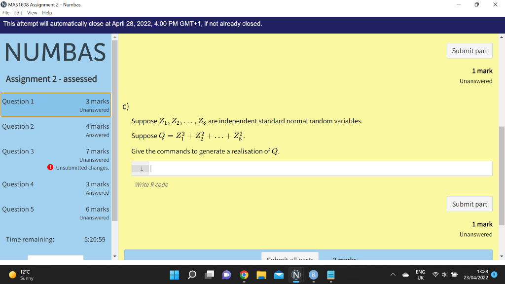 Mas1608 Assignment 2 Numbas File Edit View Help This Attempt Will Automatically Close At April 28 2022 4 00 Pm Gmt 1 1