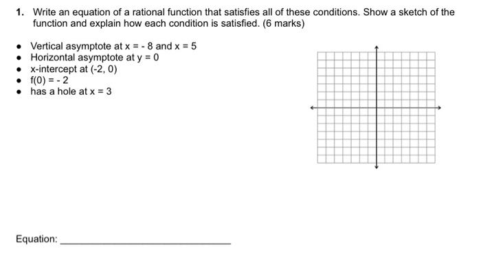 Write An Equation Of A Rational Function That Satisfies All Of These Conditions Show A Sketch Of The Function And Expla 1
