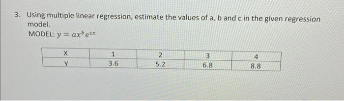 3 Using Multiple Linear Regression Estimate The Values Of A B And C In The Given Regression Model Model Y X Y Axb 1