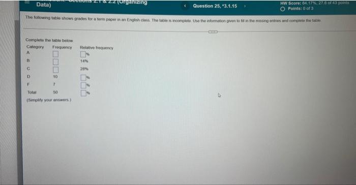 Data Question 25 3 1 15 Hw Score 64 17 27 6 Of 43 Points O Points 0 Of 3 The Following Table Shows Grades For A T 1