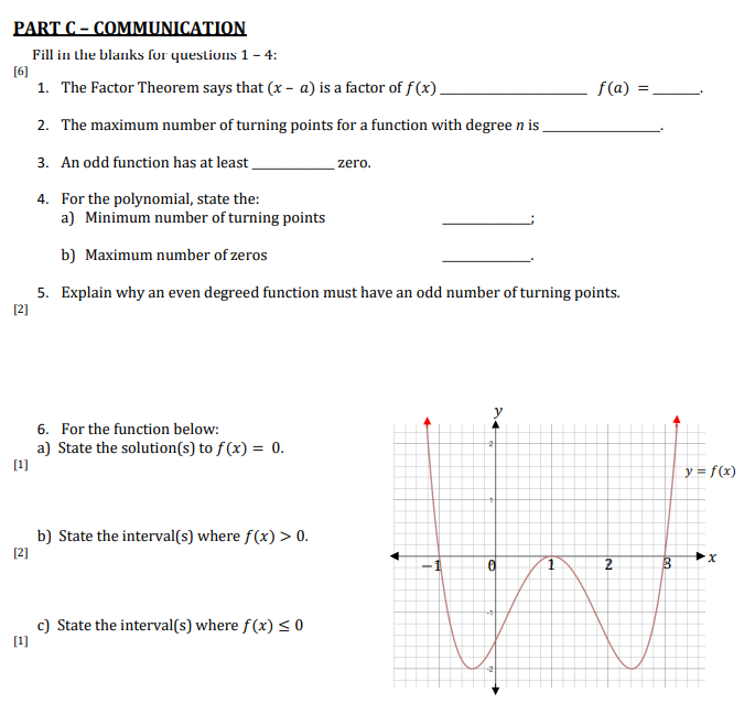 Part C Communication Fill In The Blanks For Questions 1 4 6 1 The Factor Theorem Says That X A Is A Factor Of F 1