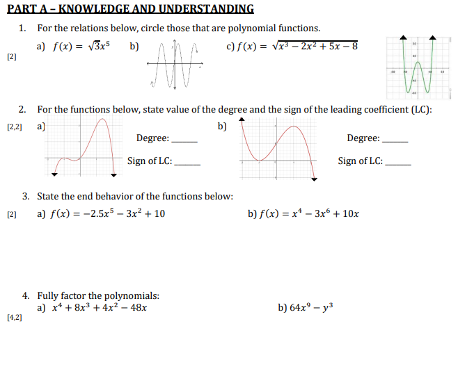 Parta Knowledge And Understanding 1 For The Relations Below Circle Those That Are Polynomial Functions A F X 3 1
