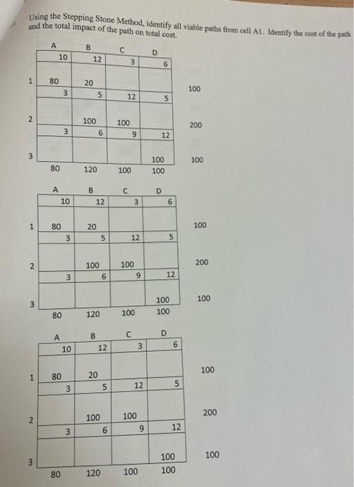 Using The Stepping Stone Method Identify All Viable Paths From Cell A1 Identify The Cost Of The Path And The Total Imp 1