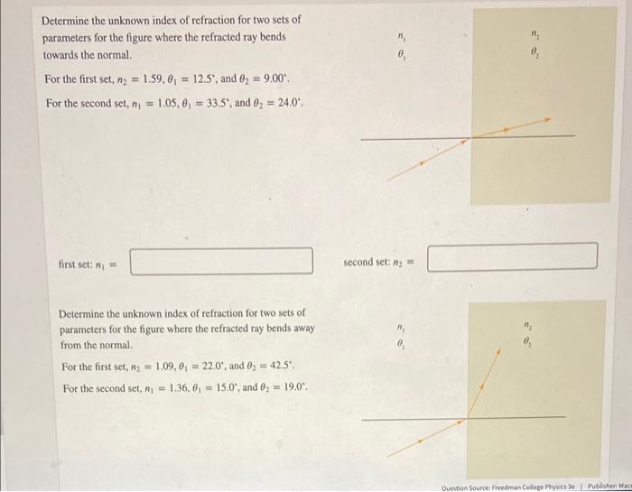 Determine The Unknown Index Of Refraction For Two Sets Of Parameters For The Figure Where The Refracted Ray Bends Towa 1