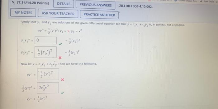 5 7 14 14 28 Points Details My Notes Ask Your Teacher Practice Another Verify That Y And Y Are Solutions Of The Giv 1