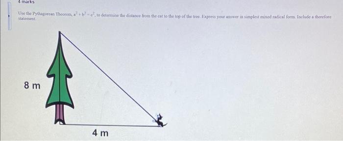4 Marks Use The Pythagorean Theorem A B E To Determine The Distance From The Cat To The Top Of The Tree Express Your 1