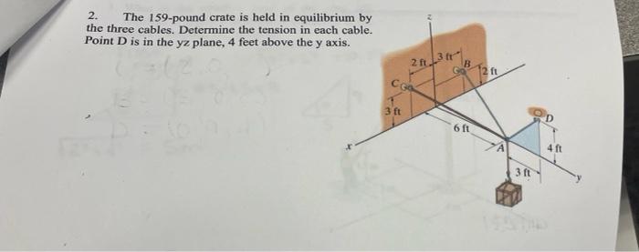 2 The 159 Pound Crate Is Held In Equilibrium By The Three Cables Determine The Tension In Each Cable Point D Is In Th 1