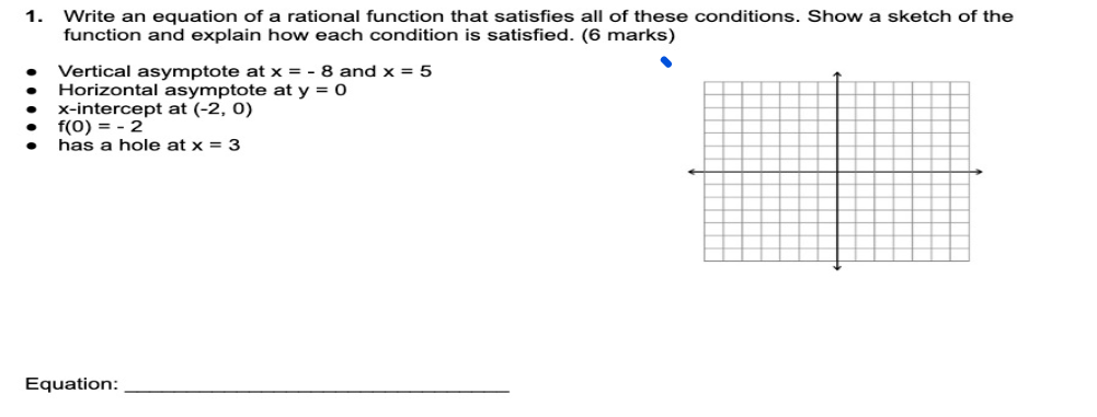 1 Write An Equation Of A Rational Function That Satisfies All Of These Conditions Show A Sketch Of The Function And Ex 1