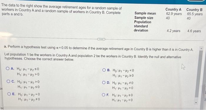 The Data To The Right Show The Average Retirement Ages For A Random Sample Of Workers In Country A And A Random Sample O 1