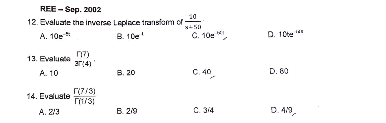 Ree Sep 2002 12 Evaluate The Inverse Laplace Transform Of A 10e 5t B 10et 13 Evaluate A 10 14 Evaluate A 2 3 R 7 1