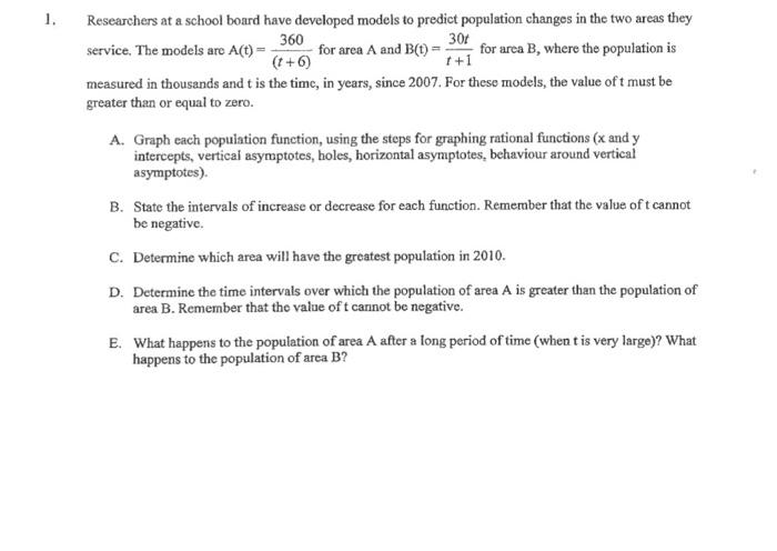 1 Researchers At A School Board Have Developed Models To Predict Population Changes In The Two Areas They 360 T 6 30t 1