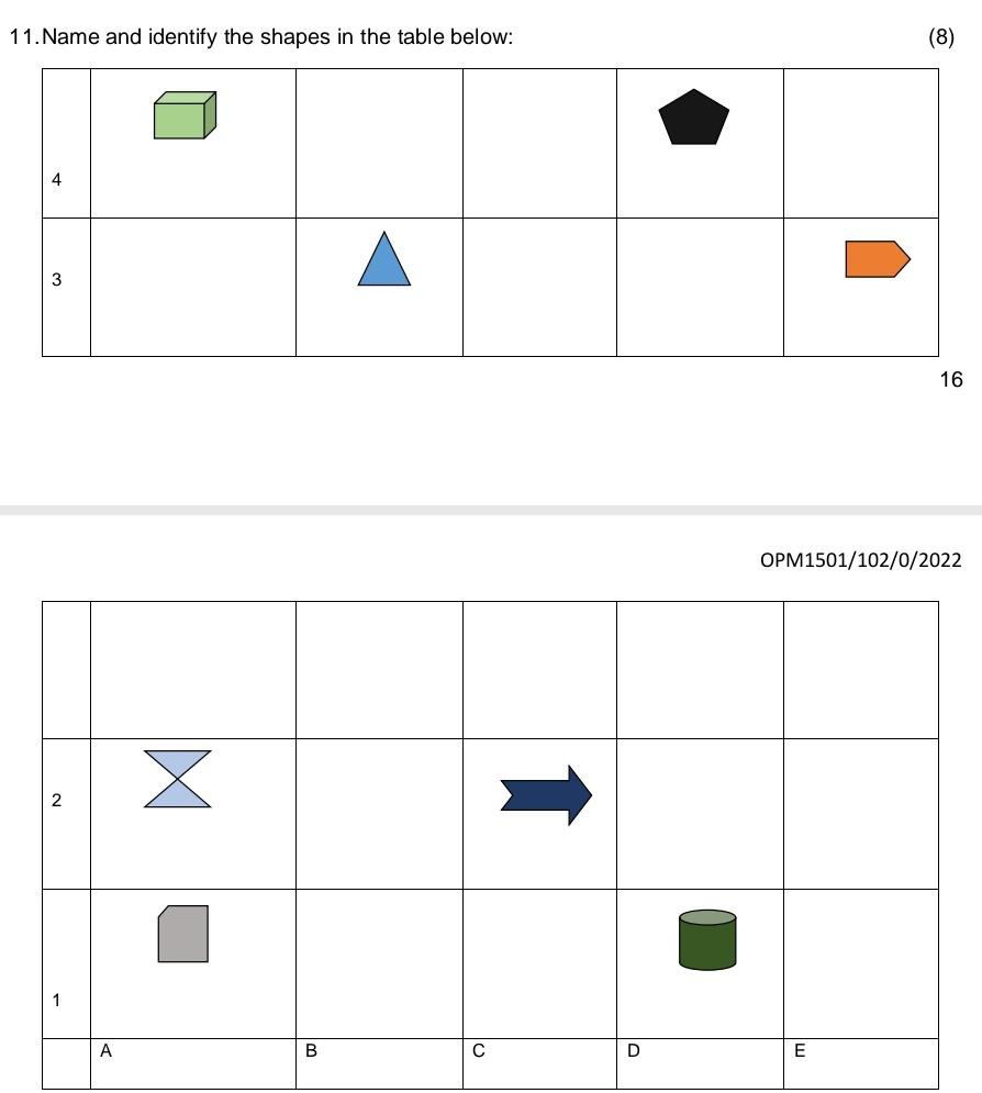 11 Name And Identify The Shapes In The Table Below 4 3 N 1 A X B C D 8 E 16 Opm1501 102 0 2022 1