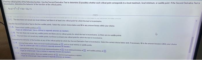 Culator Note Find The Critical Points Of The Following Function Use The Second Derivative Test To Determine Possible 2