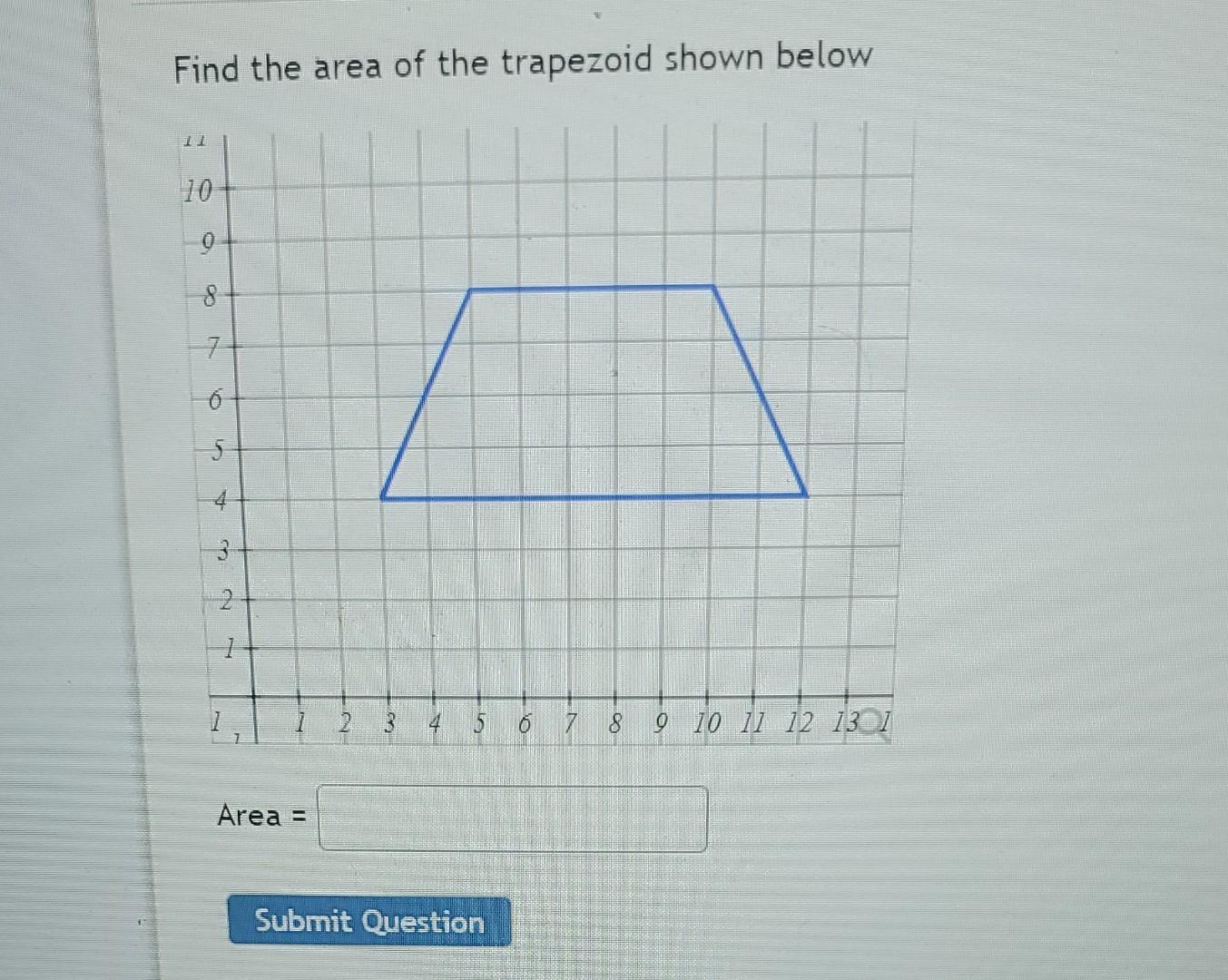 Find The Area Of The Trapezoid Shown Below 10 9 8 7 O 5 4 2 1 Area 4 5 Submit Question 10 7 8 9 10 11 12 13 1 1