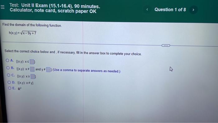 Test Unit Ii Exam 15 1 16 4 90 Minutes Calculator Note Card Scratch Paper Ok Find The Domain Of The Following Fun 1