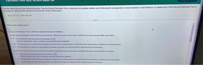 Lator Note Find The Critical Points Of The Following Function Use The Second Derivative Test To Determine Possible W 1