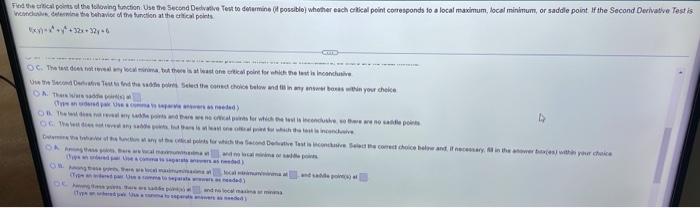 Lator Note Find The Critical Points Of The Following Function Use The Second Derivative Test To Determine Possible W 2