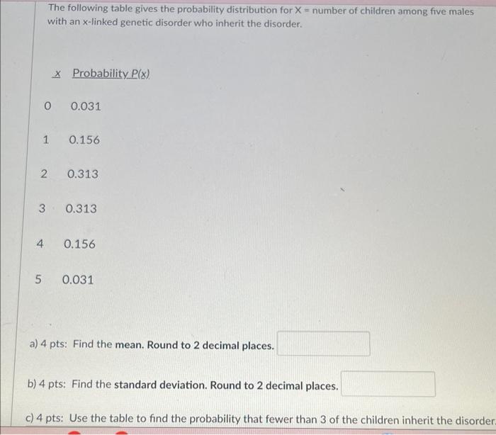 The Following Table Gives The Probability Distribution For X Number Of Children Among Five Males With An X Linked Geneti 1