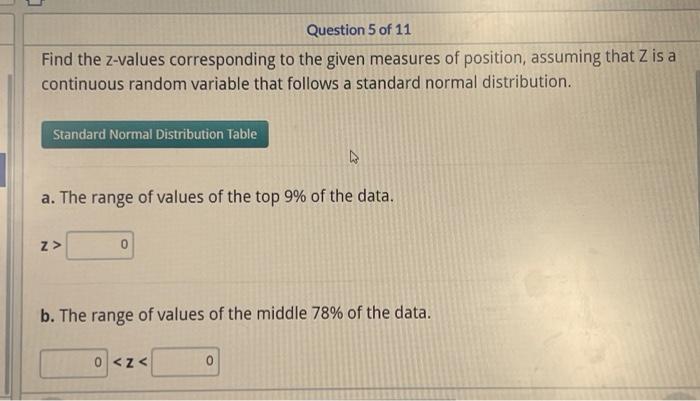Question 5 Of 11 Find The Z Values Corresponding To The Given Measures Of Position Assuming That Z Is A Continuous Rand 1