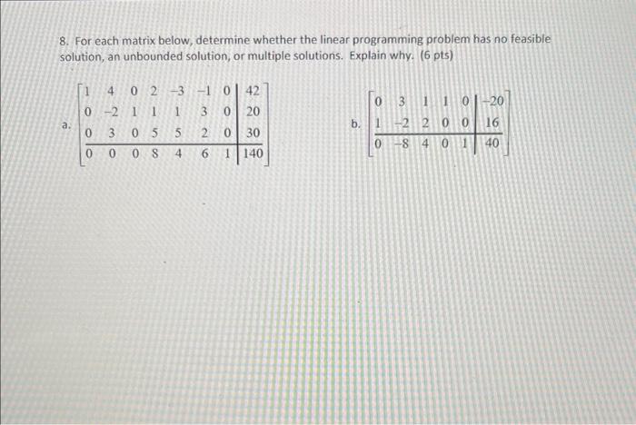 8 For Each Matrix Below Determine Whether The Linear Programming Problem Has No Feasible Solution An Unbounded Soluti 1