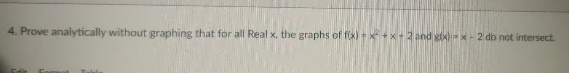 4 Prove Analytically Without Graphing That For All Real X The Graphs Of F X X2 X 2 And G X X 2 Do Not Inter 1