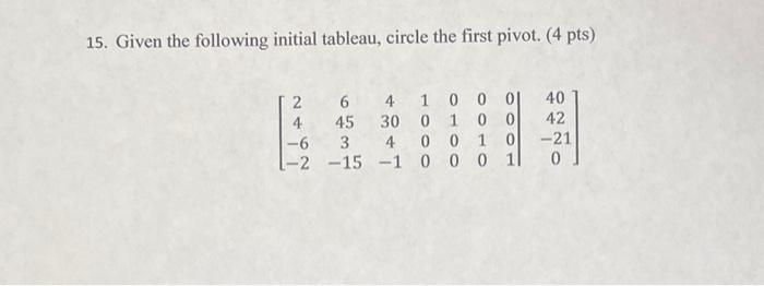 15 Given The Following Initial Tableau Circle The First Pivot 4 Pts 2 4 6 2 100 01 40 0 1 0 0 42 0 0 1 0 21 4 1 1
