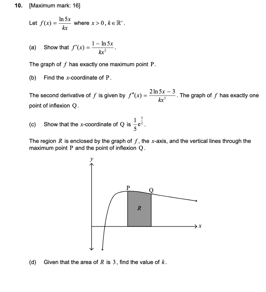 10 Maximum Mark 16 In 5x Kx Let F X Where X 0 Ke Rt 1 In 5x Koxx The Graph Off Has Exactly One Maximum Poin 1