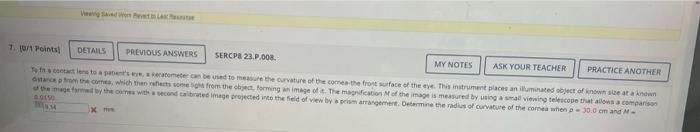 7 10 1 Points Details Previous Answers Sercp8 23 P 003 My Notes Ask Your Teacher Practice Another Todita Contact Lens T 5