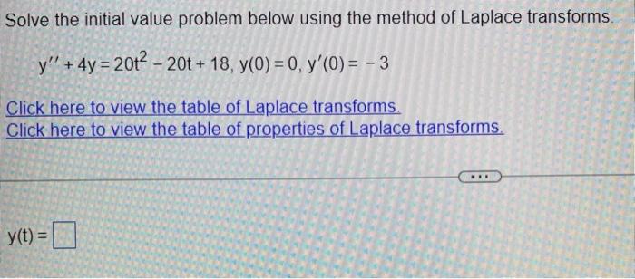 Solve The Initial Value Problem Below Using The Method Of Laplace Transforms Y 4y 201 20t 18 Y 0 0 Y 0 3 1