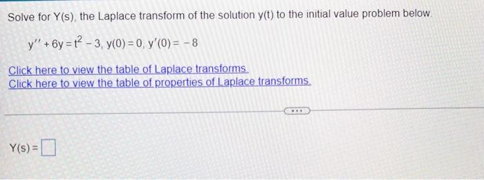 Solve For Y S The Laplace Transform Of The Solution Y T To The Initial Value Problem Below Y 6y T 3 Y 0 0 Y 1