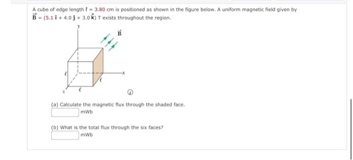 A Cube Of Edge Length 3 80 Cm Is Positioned As Shown In The Figure Below A Uniform Magnetic Field Given By B 5 1 I 1