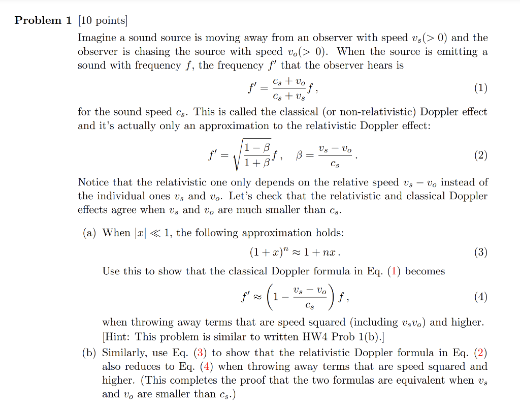 Problem 1 10 Points Imagine A Sound Source Is Moving Away From An Observer With Speed Vs 0 And The Observer Is Chasi 1
