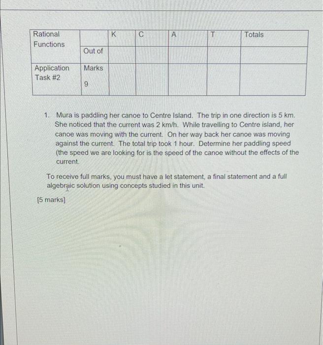 Rational Functions Application Task 2 Out Of Marks 9 C A Totals 1 Mura Is Paddling Her Canoe To Centre Island The Tri 1