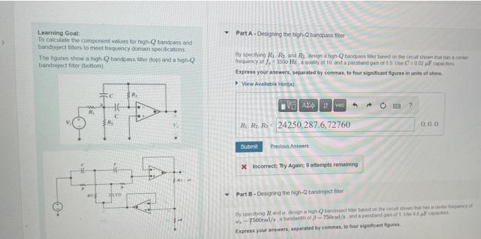 Learning Goat Part A Designing The High Q Bancpass Fiter To Celculiate The Cotrponeri Values Toe Nigh Q Baridpass And 1