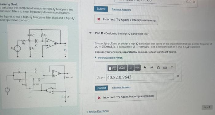 Learning Goat Part A Designing The High Q Bancpass Fiter To Celculiate The Cotrponeri Values Toe Nigh Q Baridpass And 2