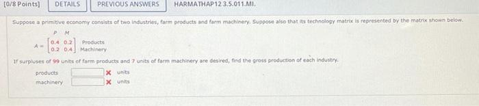 0 8 Points Details Previous Answers Harmathap 12 3 5 011 Mi Suppose A Primitive Economy Consists Of Two Industries F 1